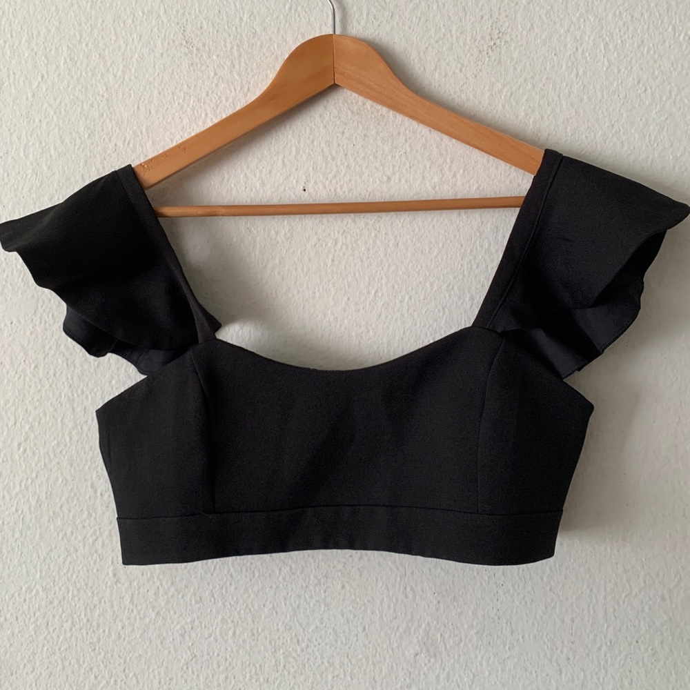 Farrow Revolve Black Crop Top Ruffle Frills Sleeve